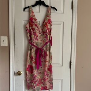 Pink Tie Front V-Neck Sheath Midi Dress